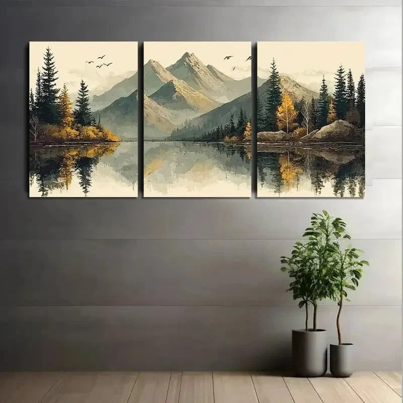 3pcs Autumn Winter Landscape with Mountains Metal Print Ready to Hang Art - Bella Home Decor