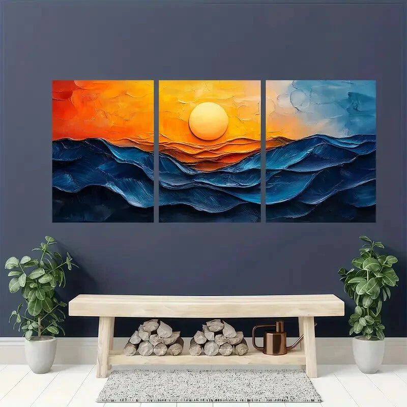 3pcs Vibrant Blue & Orange Ocean Waves Oil Impasto Metal Print Ready to Hang Art - Bella Home Decor