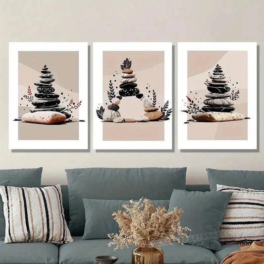 3pcs Bohemian Beige Stone Tower Prints Metal Print Ready to Hang Art