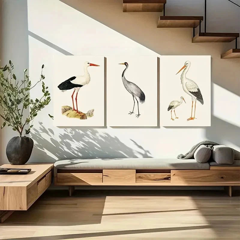 3pcs Vintage Stork Print Set Metal Print Ready to Hang Art