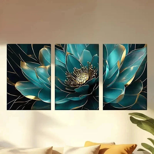 3pcs a blue flower with Golden leaves Wall Art Set Canvas Framed 40x60cm - High Quality Print 100% Australian Made Wall Canvas Ready to Hang