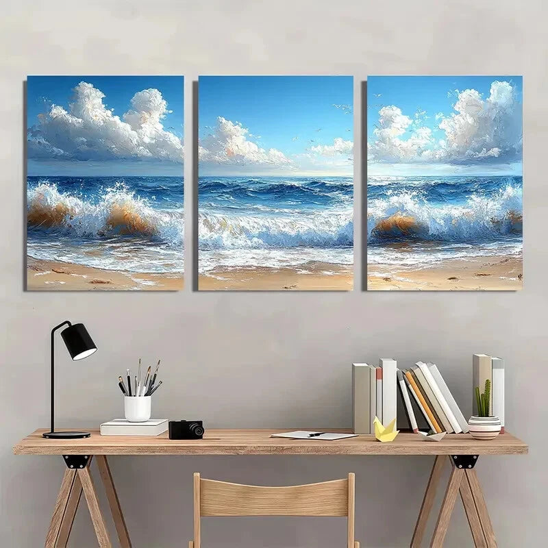 3pcs Beach Ocean Wave Seascape Oil Painting Metal Print Ready to Hang Art - Bella Home Decor