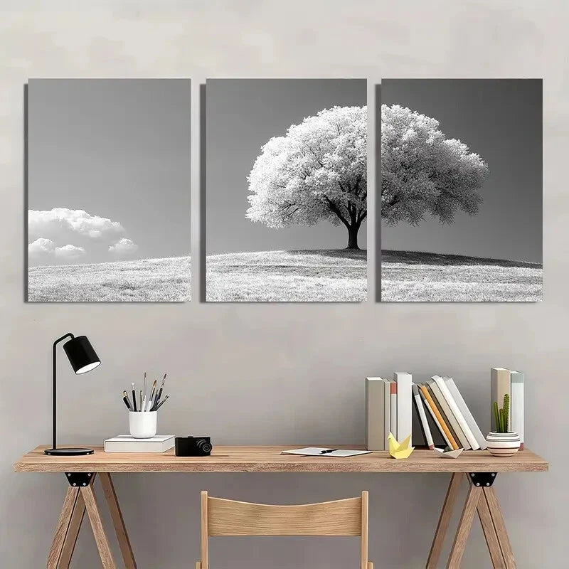 3pcs Black and White Tree Textured Metal Print Ready to Hang Art - Bella Home Decor