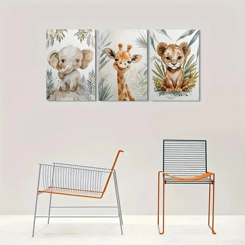 3pcs Adorable Baby Animal Elephant Giraffe Metal Print Ready to Hang Art - Bella Home Decor