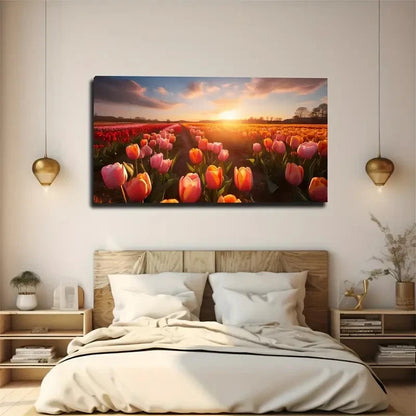 Vibrant Sunset Tulip Field Wall Art Canvas Office Home Room Framed 120x60cm