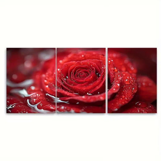 3pcs , Elegant Red Rose Water Metal Print Ready to Hang Art