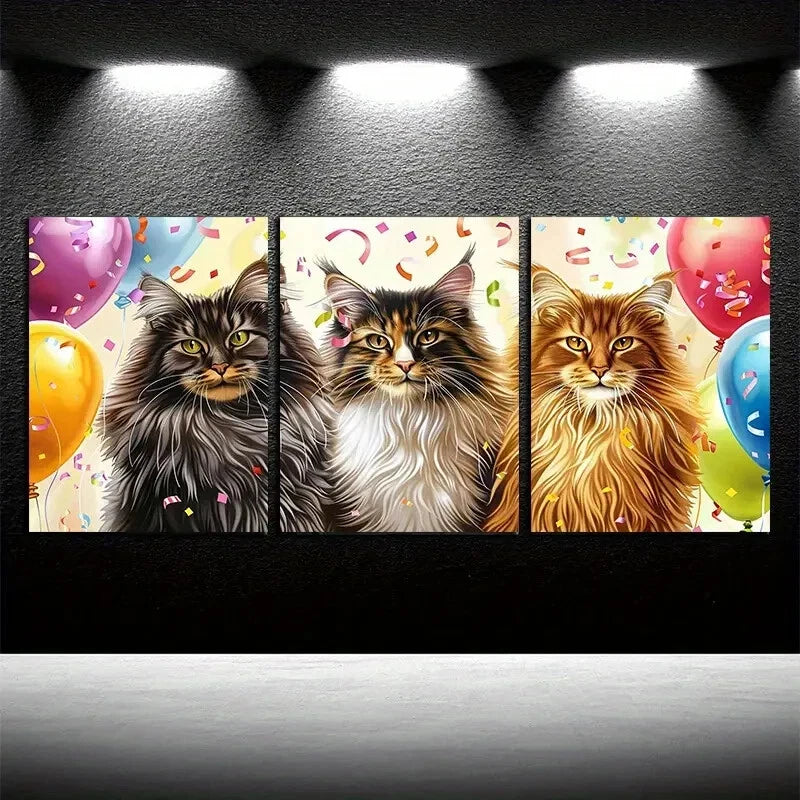 3pcs Vibrant Cats Celebration Illustration Metal Print Ready to Hang Art - Bella Home Decor