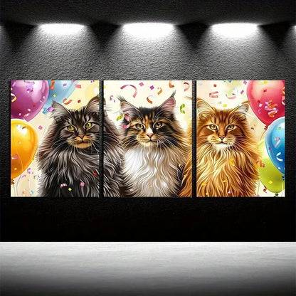 3pcs Vibrant Cats Celebration Illustration Metal Print Ready to Hang Art - Bella Home Decor