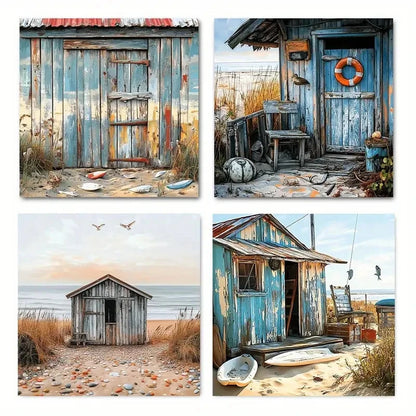 4pcs Rustic Beach Shack Scenery Wall Art Canvas Unframed/Framed