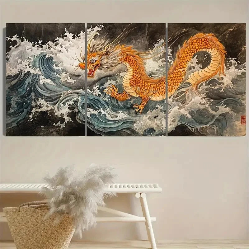 3pcs Vintage Tiger Dragon Wall Art Set Canvas Framed 40x60cm - High Quality Print 100% Australian Made Wall Canvas Ready to Hang - Bella Home Decor