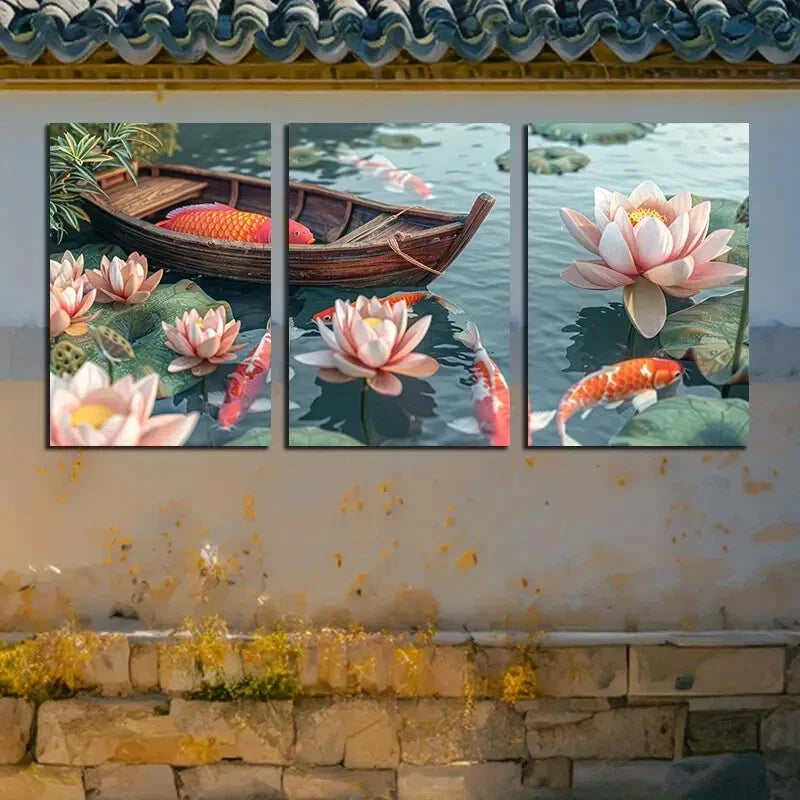 3pcs Vibrant Lotus Pond with Japanese Koi fishes Metal Print Ready to Hang Art - Bella Home Decor
