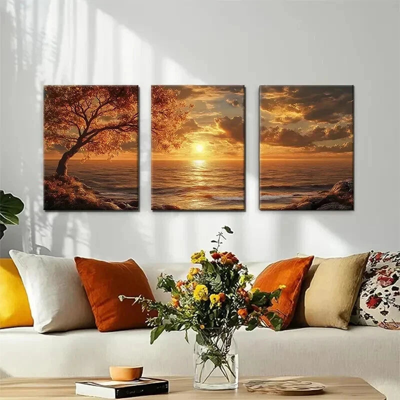 3pcs Golden Sunset Seascape Perfect Design Wall Art Set Canvas Framed 60x90cm - High Quality Print 100% Australian Made Wall Canvas Ready to Hang - Bella Home Decor