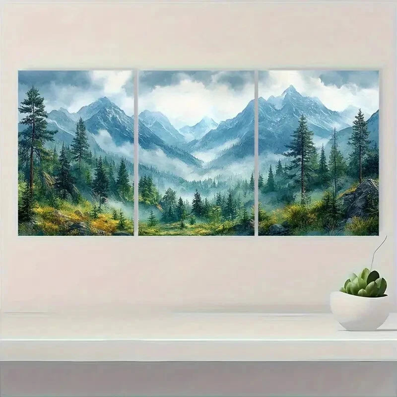 3pcs Misty Pine Trees & Snow-Capped Peaks Metal Print Ready to Hang Art - Bella Home Decor