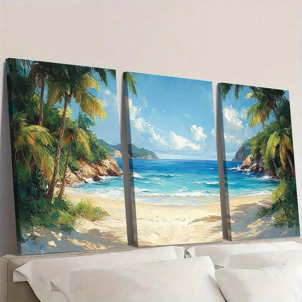 3pcs Tropical Sandy Beach View Greenery Scene Wall Art Set Canvas Framed 50x70cm - High Quality Print 100% Australian Made Wall Canvas Ready to Hang - Bella Home Decor
