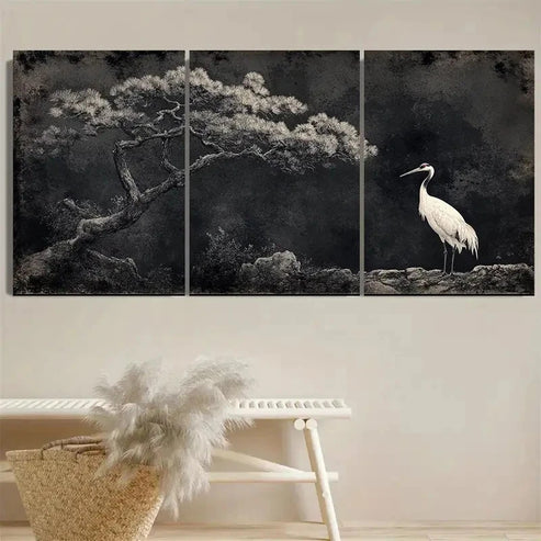 3pcs Minhwa Pine Tree & Cranes Wall Art Set Canvas Unframed - High Quality Print 100% Australian Made Wall Canvas