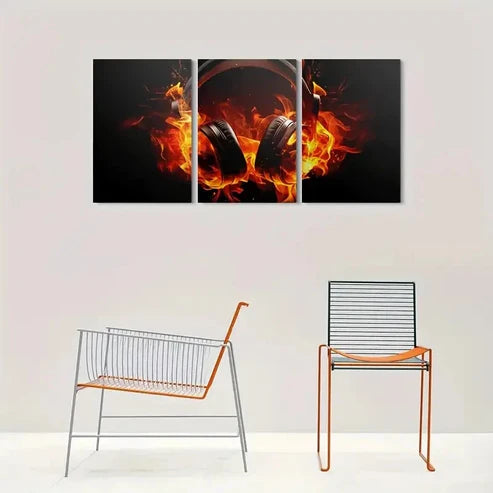 3pcs Flaming Headphones Fire Design Wall Art Canvas Unframed - High Quality Print 100% Australian Made Wall Canvas