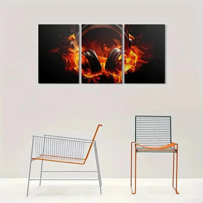 3pcs Flaming Headphones Fire Design Wall Art Canvas Unframed - High Quality Print 100% Australian Made Wall Canvas