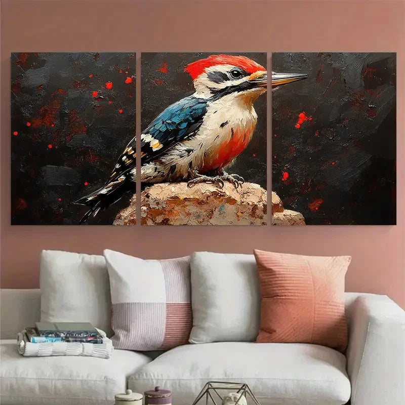 3pcs Woodpecker Bird Illustration Wall Art Set Canvas Framed 40x60cm - High Quality Print 100% Australian Made Wall Canvas Ready to Hang