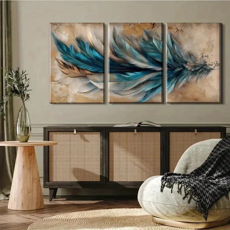 3pcs Blue & Golden Abstract Feather Modern Wall Art Set Canvas Framed 60x90cm - High Quality Print 100% Australian Made Wall Canvas Ready to Hang - Bella Home Decor