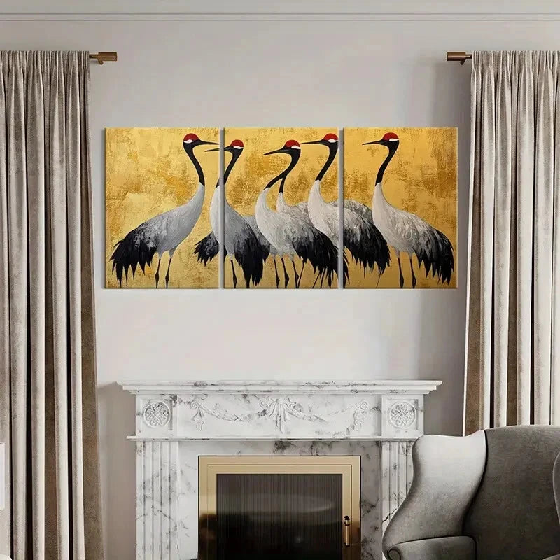 3pcs Elegant Cranes Golden Background Metal Print Ready to Hang Art - Bella Home Decor