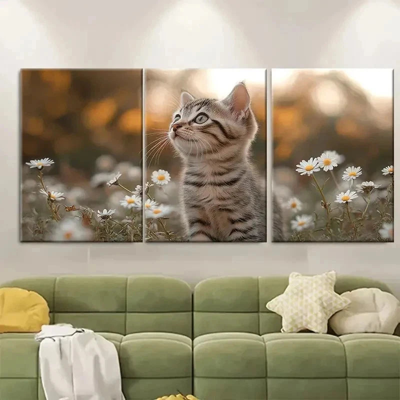 3pcs Excited Kitten Daisies EI   Wall Art Set Canvas Framed 40x60cm - High Quality Print 100% Australian Made Wall Canvas Ready to Hang