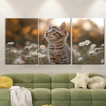 3pcs Excited Kitten Daisies EI   Wall Art Set Canvas Framed 40x60cm - High Quality Print 100% Australian Made Wall Canvas Ready to Hang
