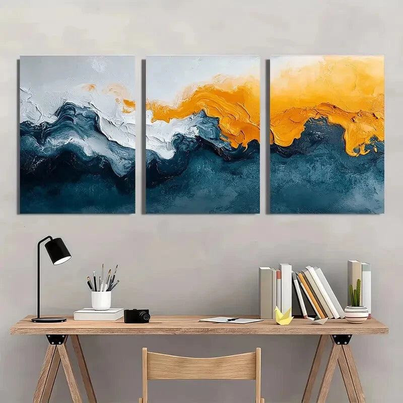 3pcs Abstract Art Giclee Print Teal Blue Metal Print Ready to Hang Art - Bella Home Decor