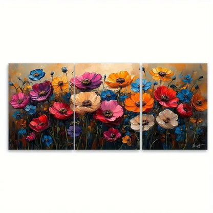 3pcs Vibrant Summer Floral Illustration Wall Art Set Canvas Framed 50x70cm - High Quality Print 100% Australian Made Wall Canvas Ready to Hang