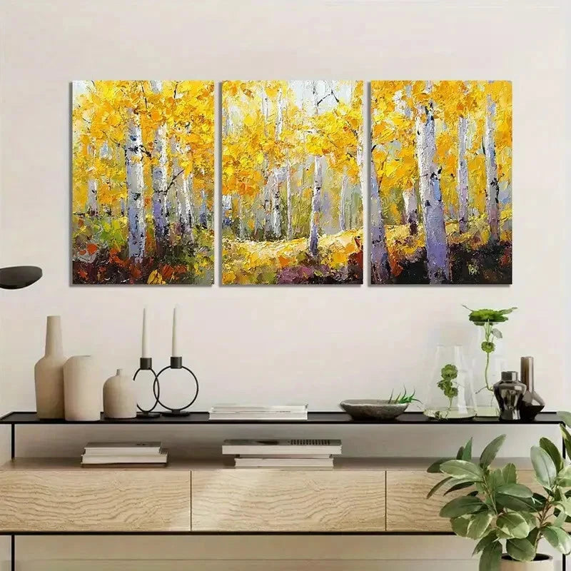 3pcs Autumn Aspen Grove Oil Painting Poster Metal Print Ready to Hang Art - Bella Home Decor