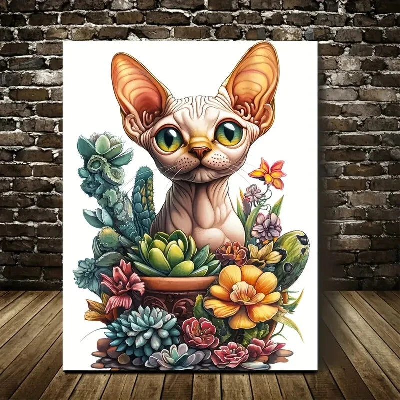 Cute Sphynx Kitten with Colorful Flowers & Plants 40x60cm Metal Print Ready to Hang - Bella Home Decor