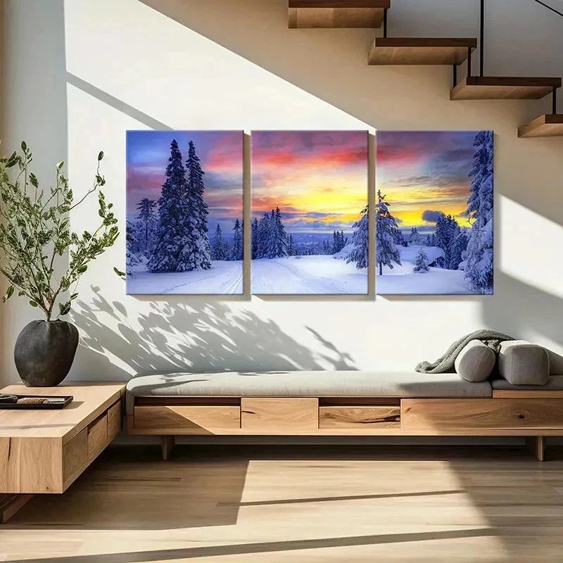 3pcs Snow Woods Colorful Sky Modern Wall Art Set Canvas Framed 60x90cm - High Quality Print 100% Australian Made Wall Canvas Ready to Hang