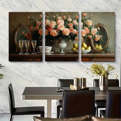 3pcs Still Life of Flowers in a Vase Metal Print Ready to Hang Art