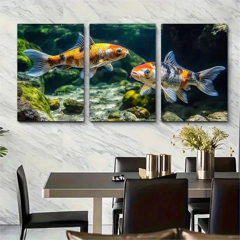 3pcs Vibrant Koi Carp Swimming Perfect Wall Art Set Canvas Framed 50x70cm - High Quality Print 100% Australian Made Wall Canvas Ready to Hang