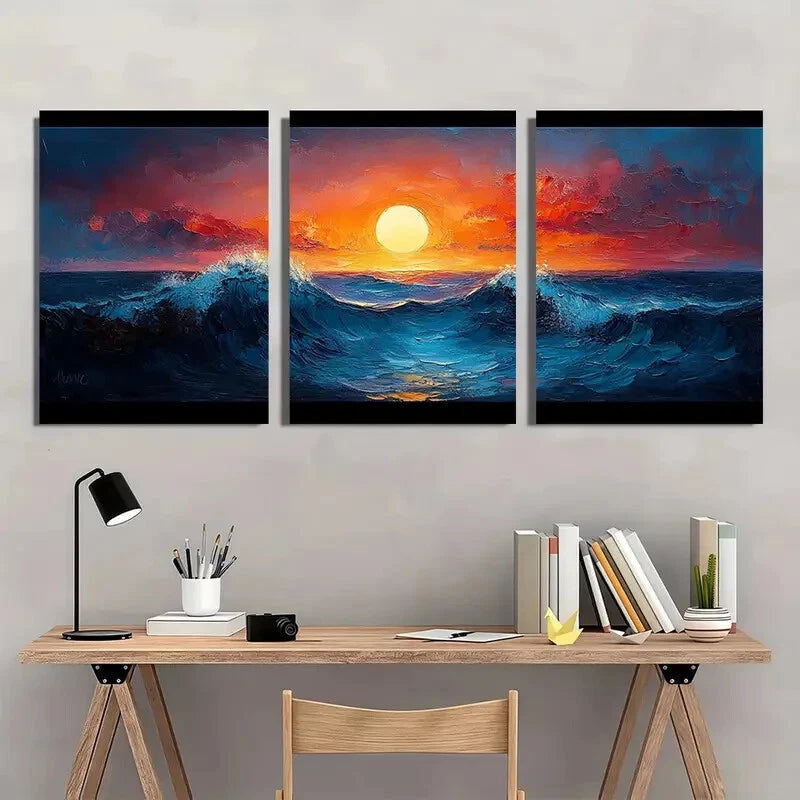 3pcs Sunset Ocean Wave with Black Frames Metal Print Ready to Hang Art - Bella Home Decor