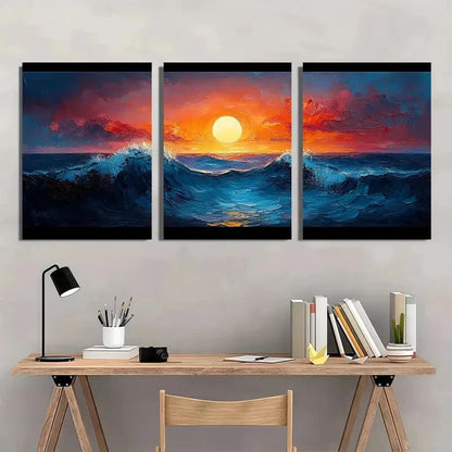3pcs Sunset Ocean Wave with Black Frames Metal Print Ready to Hang Art - Bella Home Decor