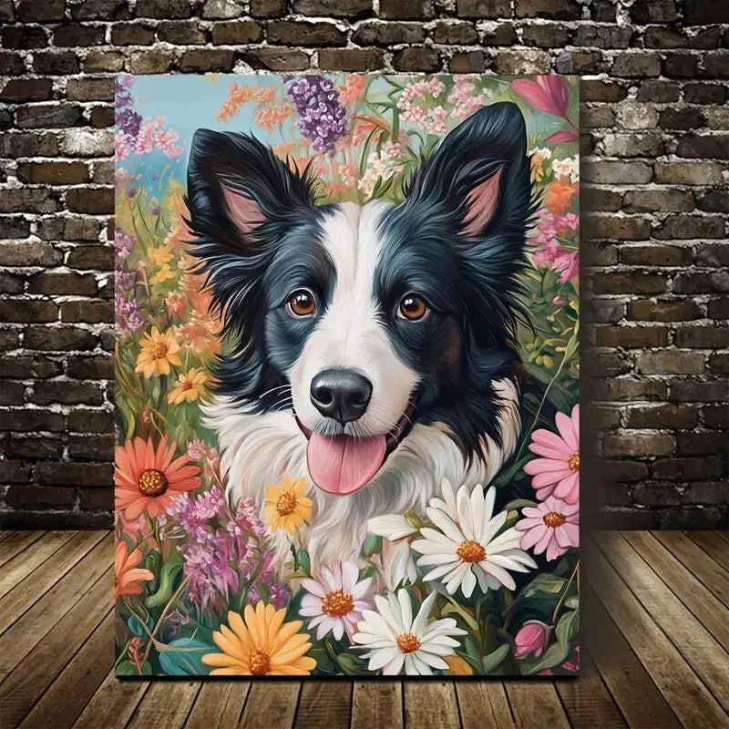Vibrant Border Collie Dog with Flowers Painting  40x60cm Metal Print Ready to Hang - Bella Home Decor