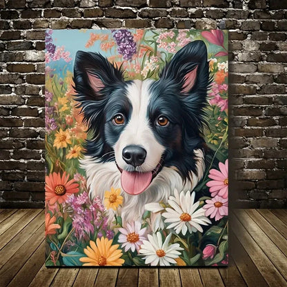 Vibrant Border Collie Dog with Flowers Painting  40x60cm Metal Print Ready to Hang - Bella Home Decor