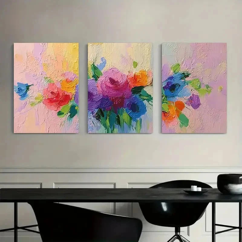3pcs Abstract Floral Painting in Impressionist Metal Print Ready to Hang Art - Bella Home Decor