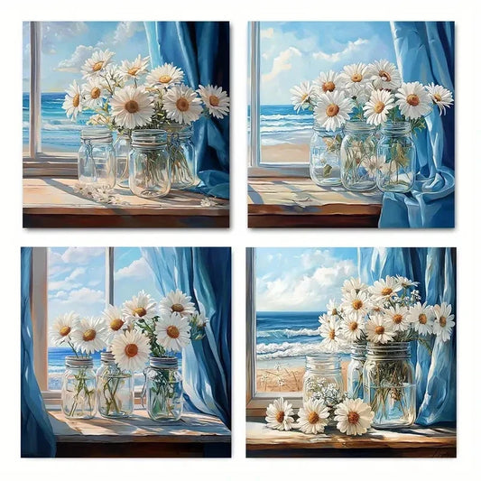4pcsElegant Floral Mason Jar Series,Wall Art Canvas Framed