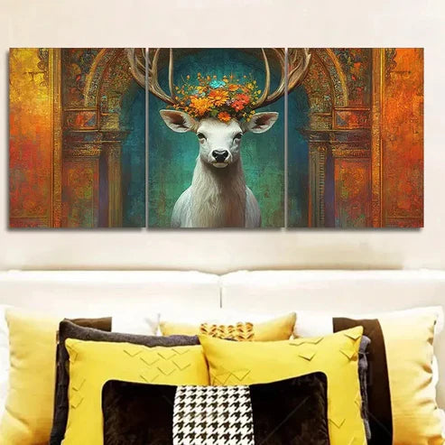 3pcs A white deer with flowers on its head  Wall Art Set Canvas Unframed - High Quality Print 100% Australian Made Wall Canvas - Bella Home Decor