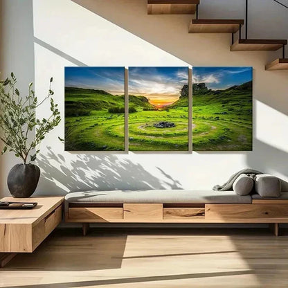3pcs Green Grass Sunset Scenery Natural Wall Art Set Canvas Unframed - High Quality Print 100% Australian Made Wall Canvas