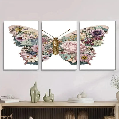 3pcs Vintage Pastel Butterfly Spring Floral Wall Art Set Canvas Framed 60x90cm - High Quality Print 100% Australian Made Wall Canvas Ready to Hang