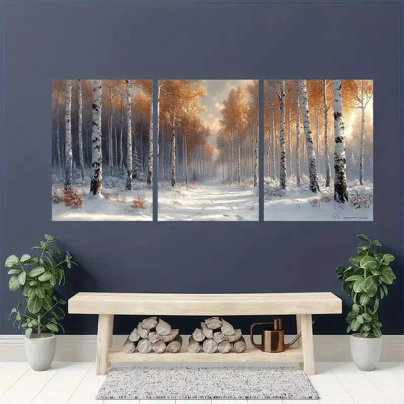 3pcs Snowy Birch Trees & Aspen Landscape Metal Print Ready to Hang Art - Bella Home Decor