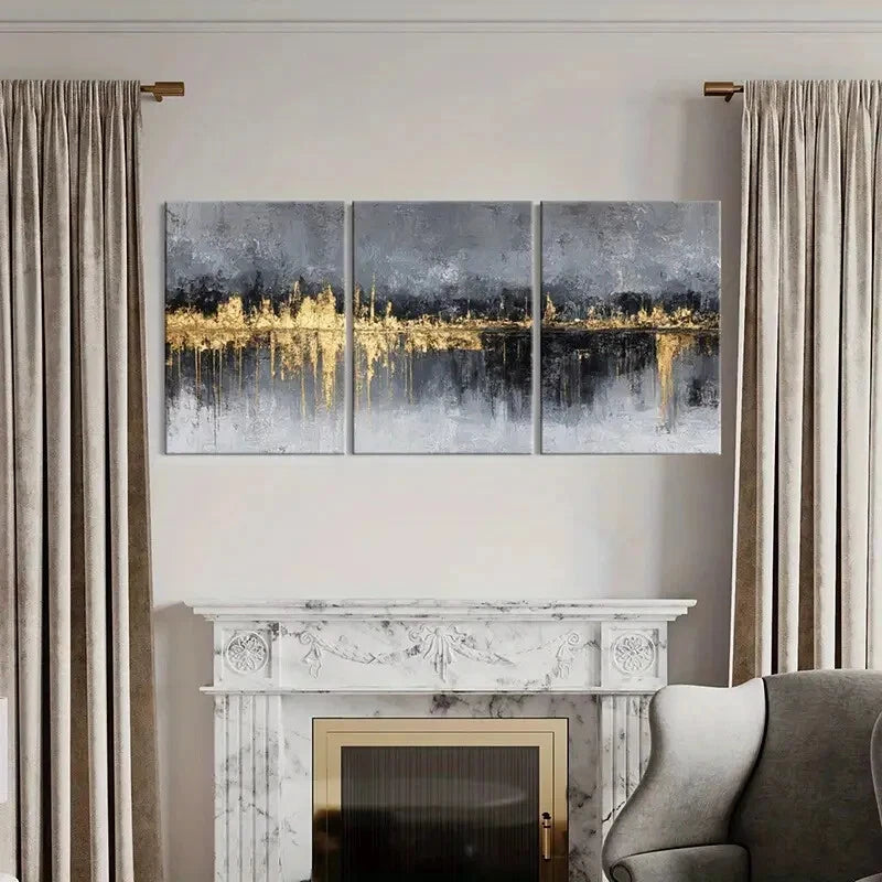 3pcs Set of Abstract Cityscape Golden Highlights Metal Print Ready to Hang Art - Bella Home Decor