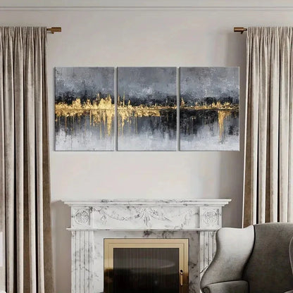 3pcs Set of Abstract Cityscape Golden Highlights Metal Print Ready to Hang Art - Bella Home Decor