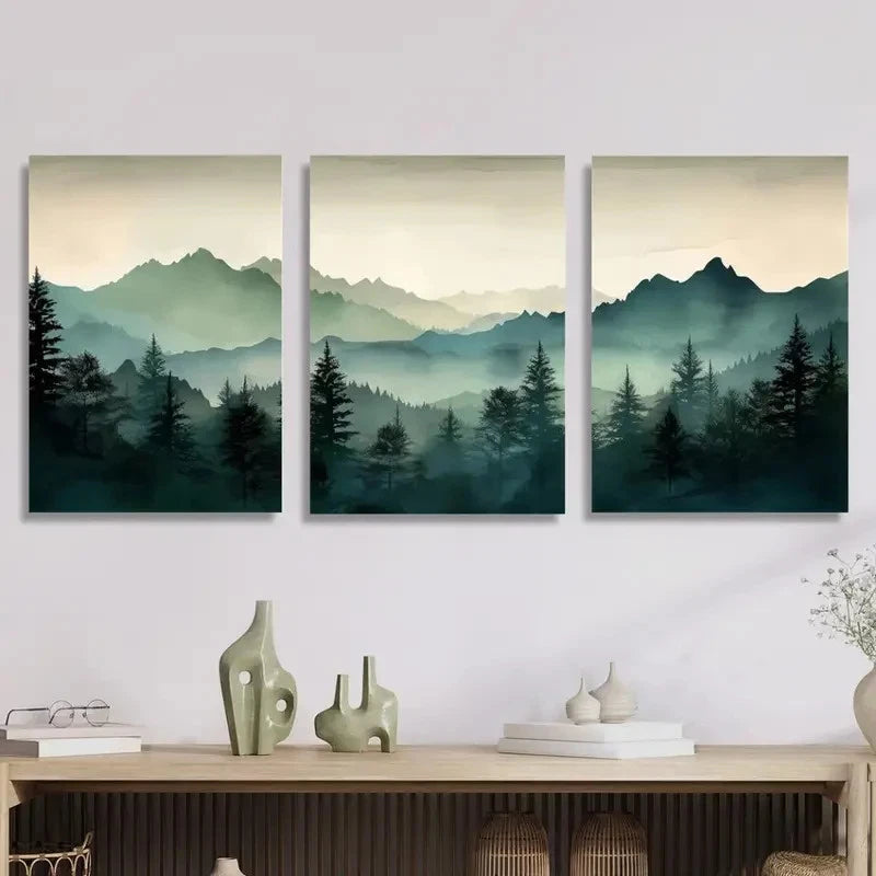 3pcs Abstract Watercolor Green Mountain Metal Print Ready to Hang Art - Bella Home Decor
