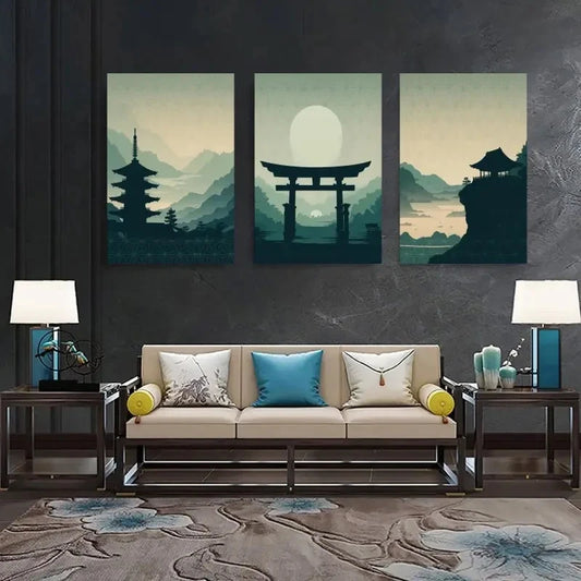 3pcs Pagoda, Torii Gate, Pavilion, Mountains Wall Art Set Canvas Framed 60x90cm - High Quality Print 100% Australian Made Wall Canvas Ready to Hang