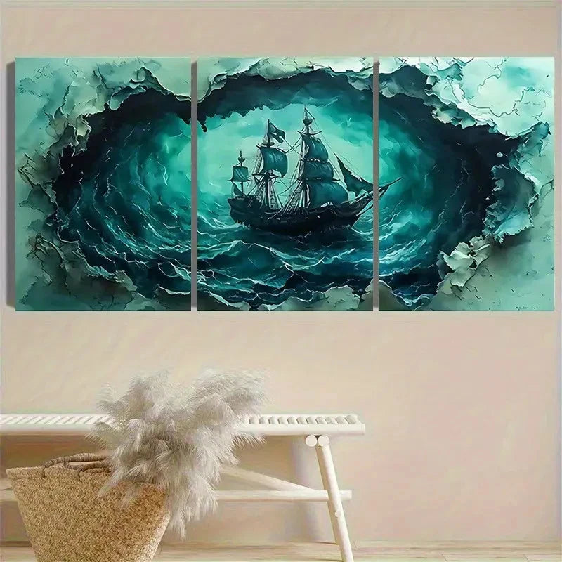 3pcs Ancient Ship at Sea Storm Art Wall Art Set Canvas Framed 50x70cm - High Quality Print 100% Australian Made Wall Canvas Ready to Hang - Bella Home Decor