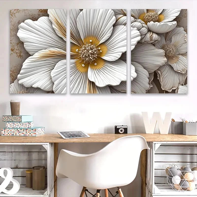 3pcs Elegant White and Golden Floral Design  Wall Art Set Canvas Framed 40x60cm - High Quality Print 100% Australian Made Wall Canvas Ready to Hang