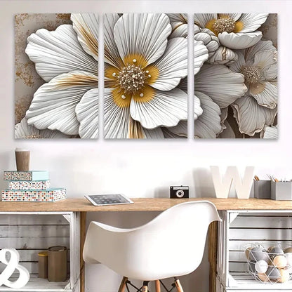 3pcs Elegant White and Golden Floral Design  Wall Art Set Canvas Framed 40x60cm - High Quality Print 100% Australian Made Wall Canvas Ready to Hang